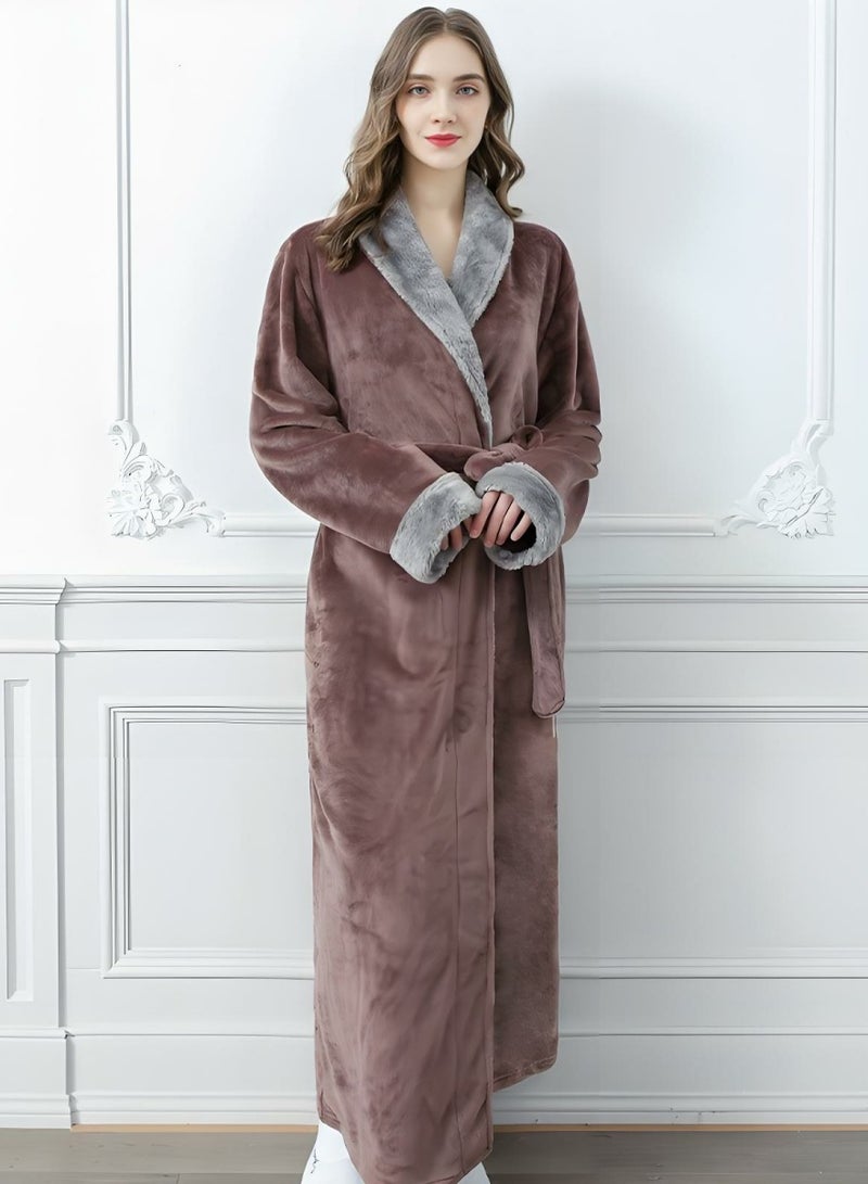إسكدنيا جنس واحد الشتاء طويل سميكة فستان ليلي فلانيل رداء حمام بيجاما بني - Image 2