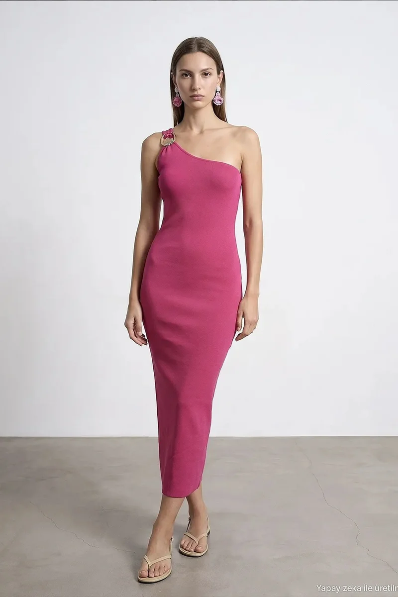 DILVIN Asymmetrical One-Shoulder Ribbed Midi Dress