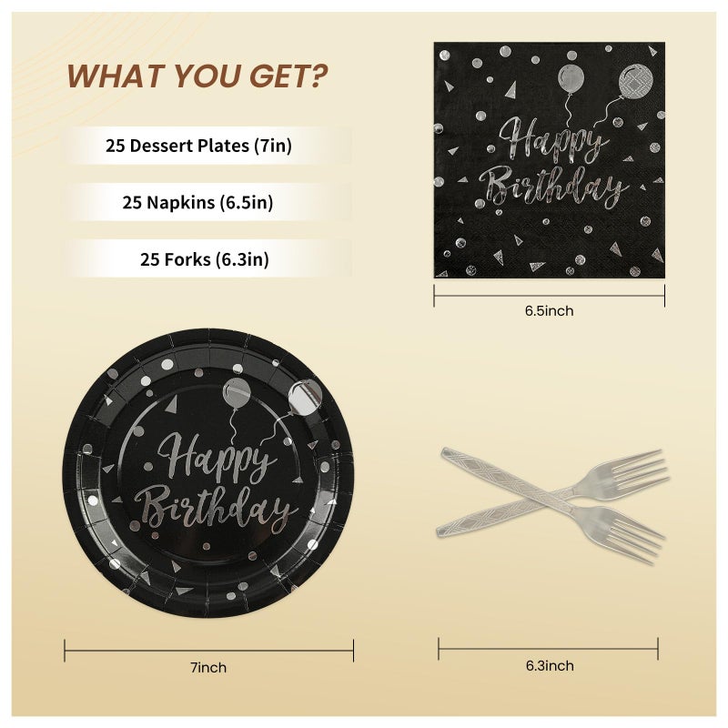PUEVENYI 75PCS Happy Birthday Paper Plates - 7 Inch Black Sliver Dot Paper Plates and 6.5 Inch Napkins with 6.3 Inch Sliver Forks Disposable Tableware Set for Birthday Party Decorations  Serve 25 - Image 2