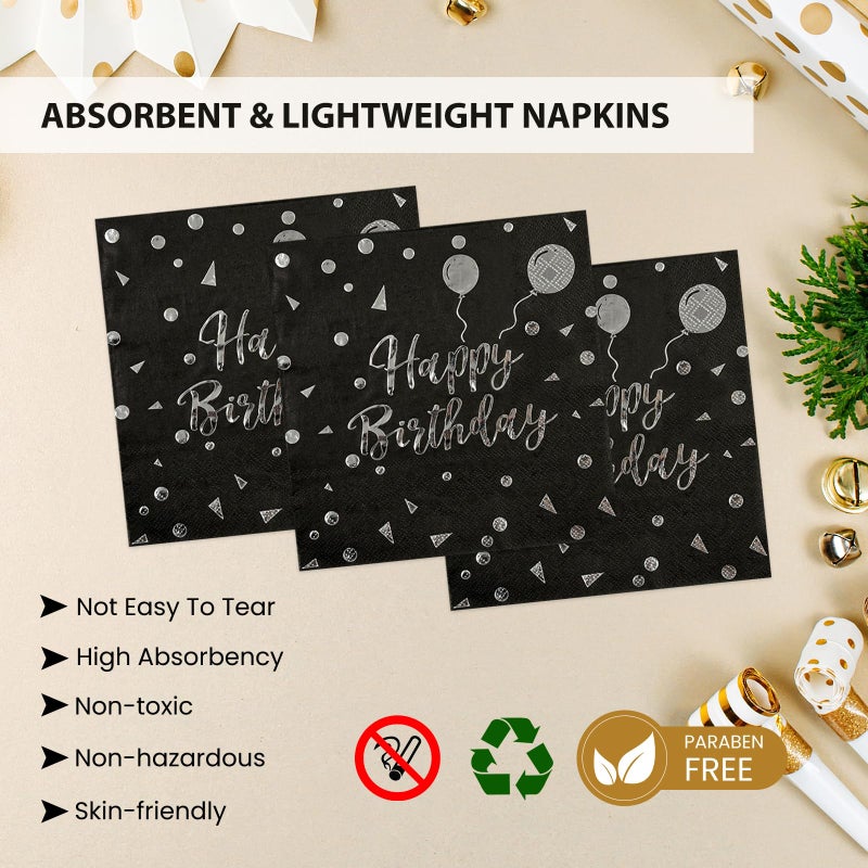 PUEVENYI 75PCS Happy Birthday Paper Plates - 7 Inch Black Sliver Dot Paper Plates and 6.5 Inch Napkins with 6.3 Inch Sliver Forks Disposable Tableware Set for Birthday Party Decorations  Serve 25 - Image 4