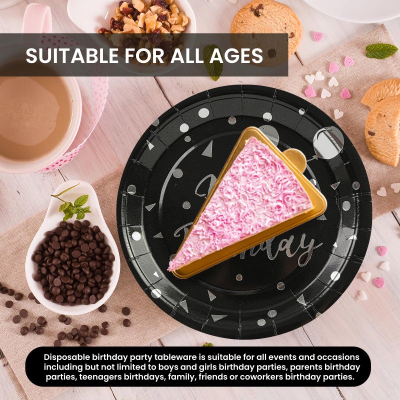 PUEVENYI 75PCS Happy Birthday Paper Plates - 7 Inch Black Sliver Dot Paper Plates and 6.5 Inch Napkins with 6.3 Inch Sliver Forks Disposable Tableware Set for Birthday Party Decorations  Serve 25 - Image 5