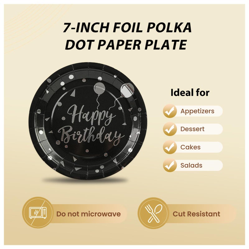 PUEVENYI 75PCS Happy Birthday Paper Plates - 7 Inch Black Sliver Dot Paper Plates and 6.5 Inch Napkins with 6.3 Inch Sliver Forks Disposable Tableware Set for Birthday Party Decorations  Serve 25 - Image 3
