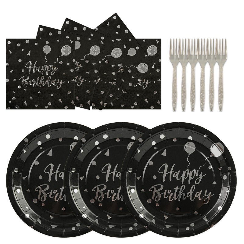 PUEVENYI 75PCS Happy Birthday Paper Plates - 7 Inch Black Sliver Dot Paper Plates and 6.5 Inch Napkins with 6.3 Inch Sliver Forks Disposable Tableware Set for Birthday Party Decorations  Serve 25 - Image 1