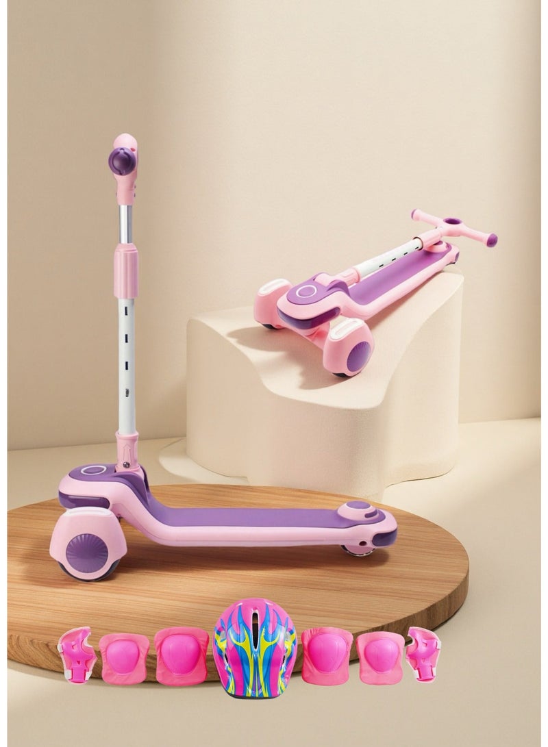 إيزي فيتشور سكوتر إيزي فيوتشر للأطفال مع موسيقى، تصميم قابل للطي، مقبض قابل لتعديل الارتفاع، عجلات من البولي يوريثان بإضاءة LED وفرامل خلفية - مثالي للأطفال من 3 إلى 8 سنوات، يشمل مجموعة كاملة من معدات الحماية - Image 1