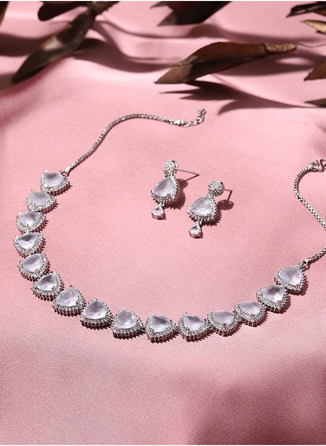 VOYLLA - CZ Silver Plated Pearl Brass Necklace Set with White Stone - Image 1