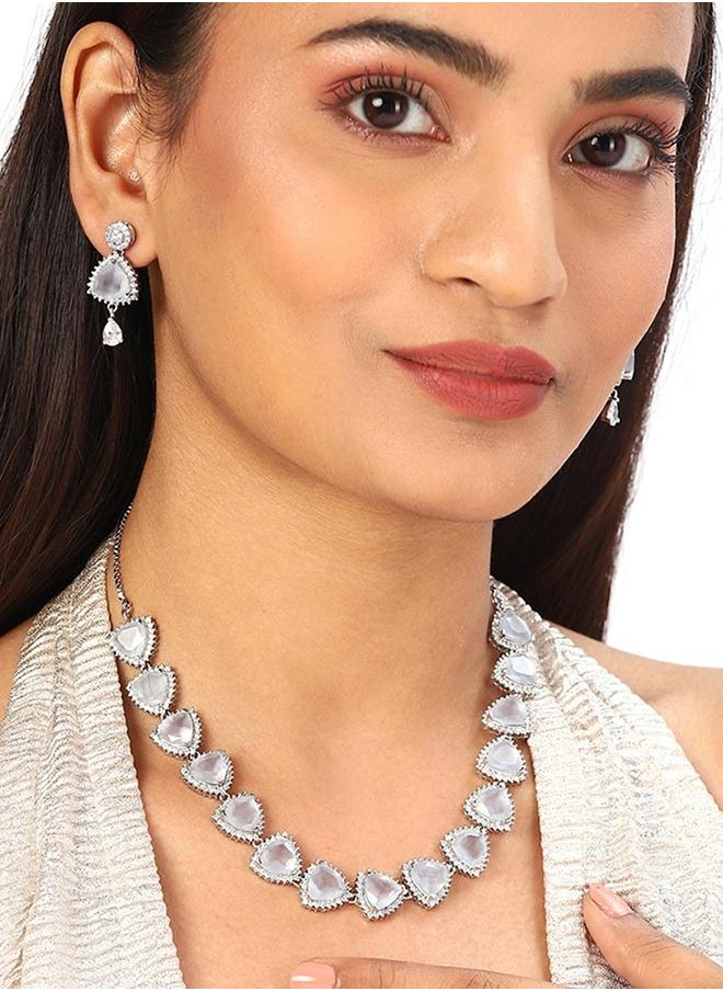 VOYLLA - CZ Silver Plated Pearl Brass Necklace Set with White Stone - Image 1