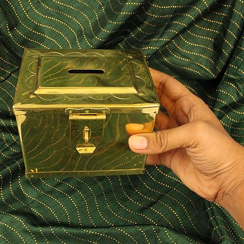 Putrika Brass Money Box| Coin Box/Piggy Bank/Gullak/Donation/Suggestion Box/Antique Coin Bank Box Money Organiser/Coin Money Bank Piggy Bank Money Bank(11cm*8.5cm) Weight: 260gms- Brass Hundi Mini - Image 5