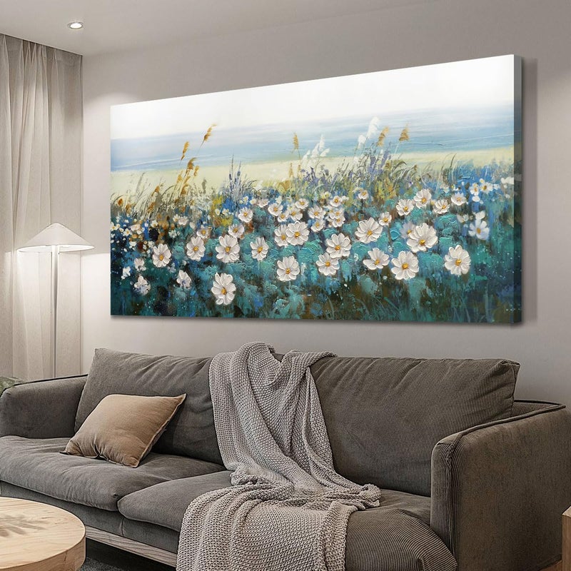 Arjun Flower Wall Art Bedroom Wall Decor Canvas White Daisy Floral Painting Landscape Picture Art Work for Living Room Wall Decor Textured Large Bathroom Office Home 40x20