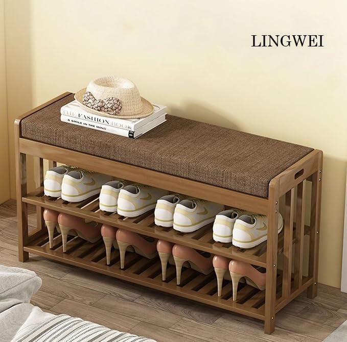 LINGWEI Bamboo Shoe Rack Bench 2-Tier Wooden Shoe Cabinet and Seat, Multi-Function Entryway Organizer for Shoes and Boots – Ideal for Hallway, Bedroom, Living Room, or Office - Image 3
