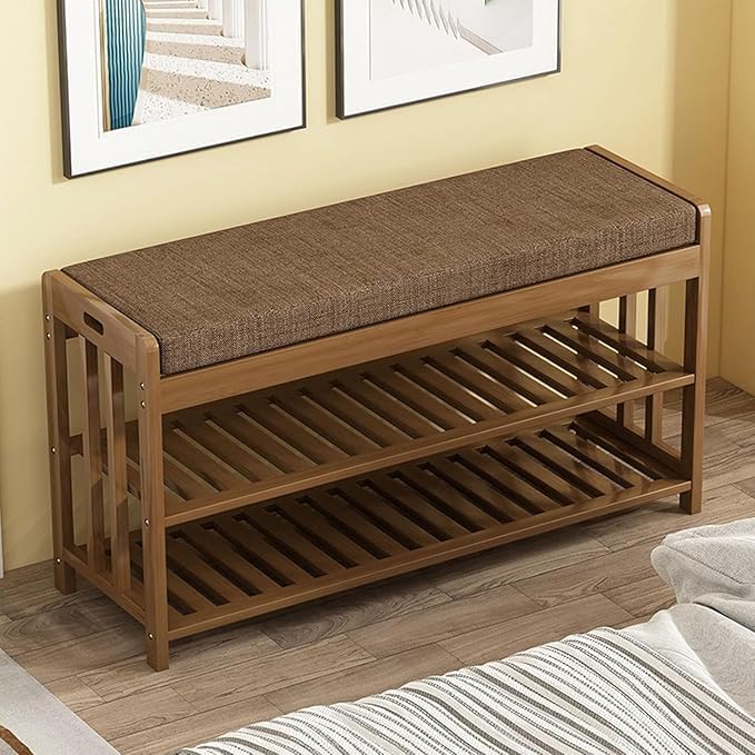 LINGWEI Bamboo Shoe Rack Bench 2-Tier Wooden Shoe Cabinet and Seat, Multi-Function Entryway Organizer for Shoes and Boots – Ideal for Hallway, Bedroom, Living Room, or Office - Image 1