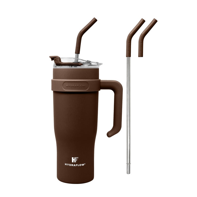 HYDRAFLOW Capri 40oz Tumbler with Straw and Handle Triple Wall Vacuum Insulated Tumbler Insulated Smoothie Cup Stainless Steel Tumbler Reusable Tumbler with Lid Cocoa