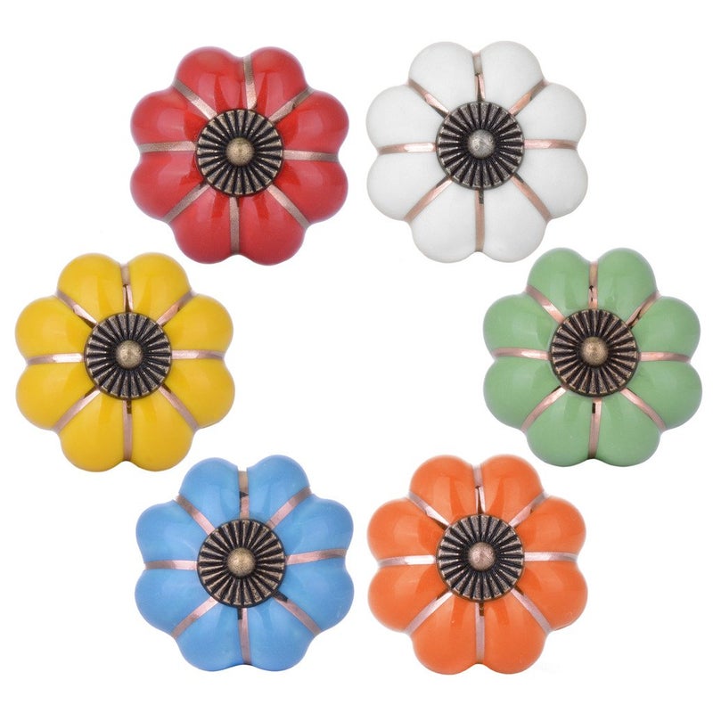 Wolfteeth 112 inch MultiColor Ceramic Pumpkin Knobs 6pc Set for Cabinets Drawers Dressers