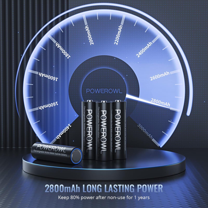 POWEROWL بطاريات POWEROWL AA القابلة لإعادة الشحن، سعة عالية 2800mAh، بطاريات 1.2V NiMH ذات تفريغ ذاتي منخفض، عبوة من 16 - Image 4