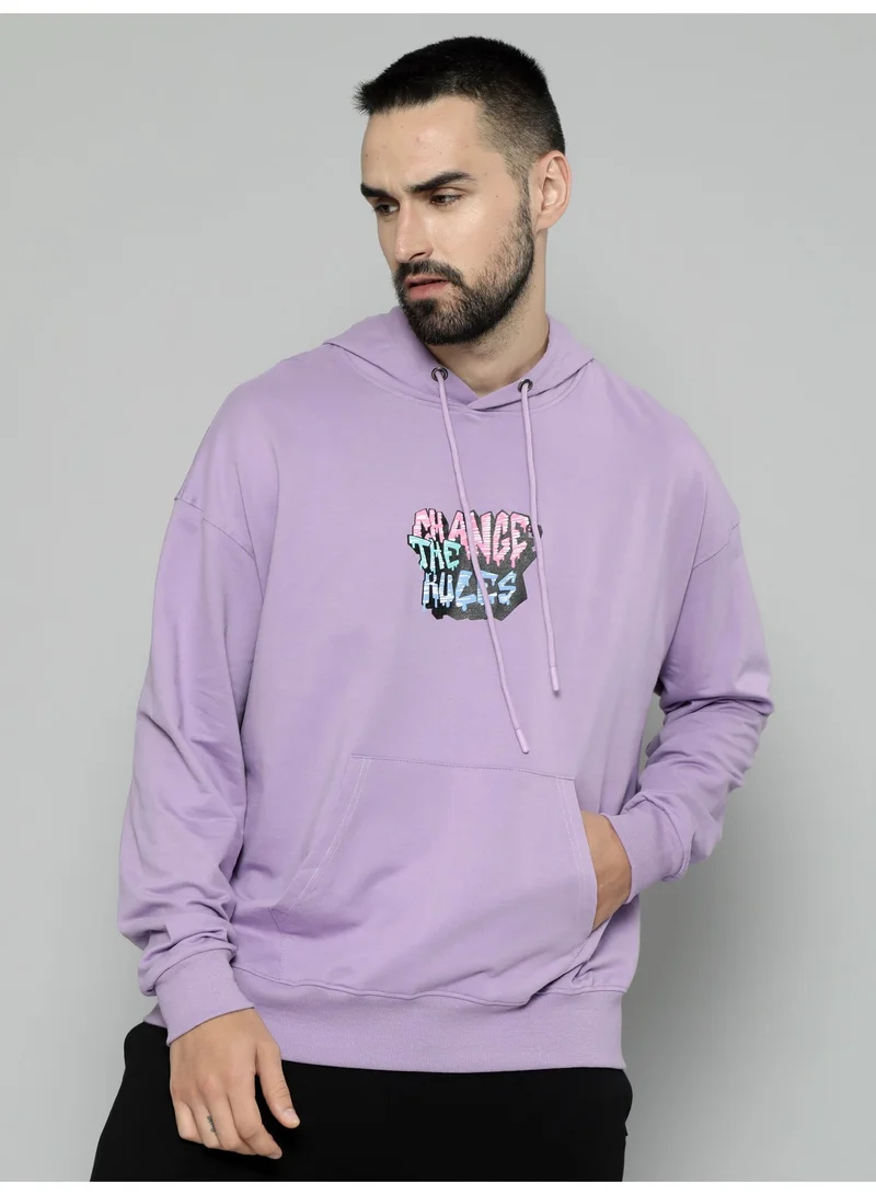 Maniac Maniac Mens Printed Hooded Neck Fullsleeve Lavender Cotton Sweatshirt