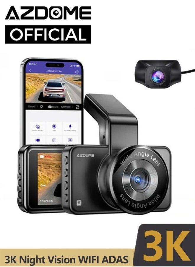 أزدوم كاميرا داش كام 4K M17 Pro لتسجيل القيادة، تدعم WiFi، مزودة بتقنية ADAS، تحكم صوتي، مراقبة موقف السيارة على مدار 24 ساعة، دعم كاميرا خلفية، رؤية ليلية  - Image 1
