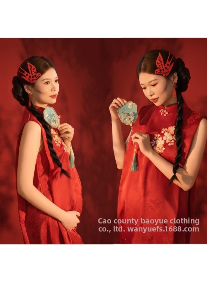 Photo Studio New Chinese Style National Style Pregnant Women Photography Clothing Vintage EmbroideCheongsam Pregnant Mother Photo Portrait Dress