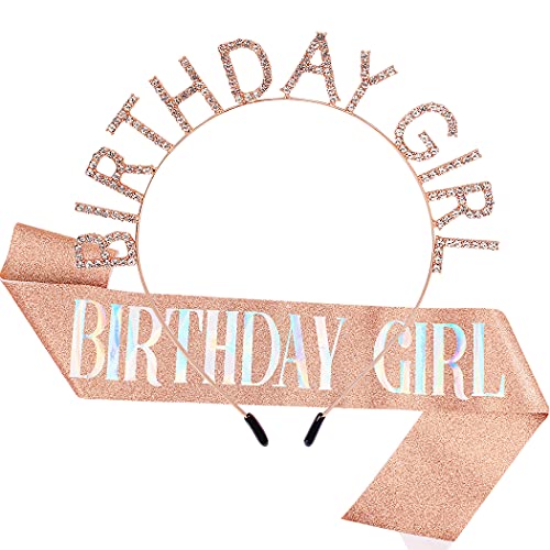 AOPRIE Birthday Crown for Women with Sash Rose Gold Blink Pink Tiara for Women Birthday Girl Headband Princess Crown Rhinestone Party Accessories - Image 1