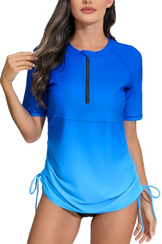 Halcurt Women's Half Zip Short Sleeve Rash Guard Swimsuit Top Ruched Swim Shirt UPF50+ Quick Dry Bathing Suit Ombre Light Blue 2XL - Image 1
