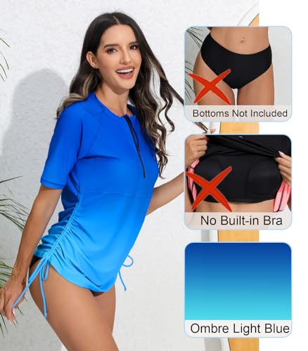 Halcurt Women's Half Zip Short Sleeve Rash Guard Swimsuit Top Ruched Swim Shirt UPF50+ Quick Dry Bathing Suit Ombre Light Blue 2XL - Image 3