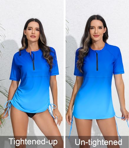 Halcurt Women's Half Zip Short Sleeve Rash Guard Swimsuit Top Ruched Swim Shirt UPF50+ Quick Dry Bathing Suit Ombre Light Blue 2XL - Image 4