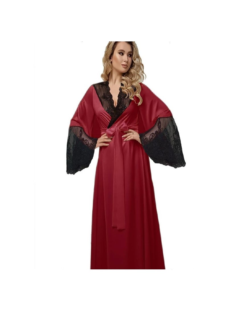 Women's Satin Long Robe with Black Lace Bell Sleeves and Belt - Burgundy