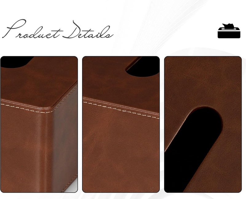 GOLRANLYE غطاء علبة المناديل المربع من الجلد البولي يوريثان، حامل علبة المناديل الوجهية لطاولة الزينة وديكور الحمام (بني) - Image 4