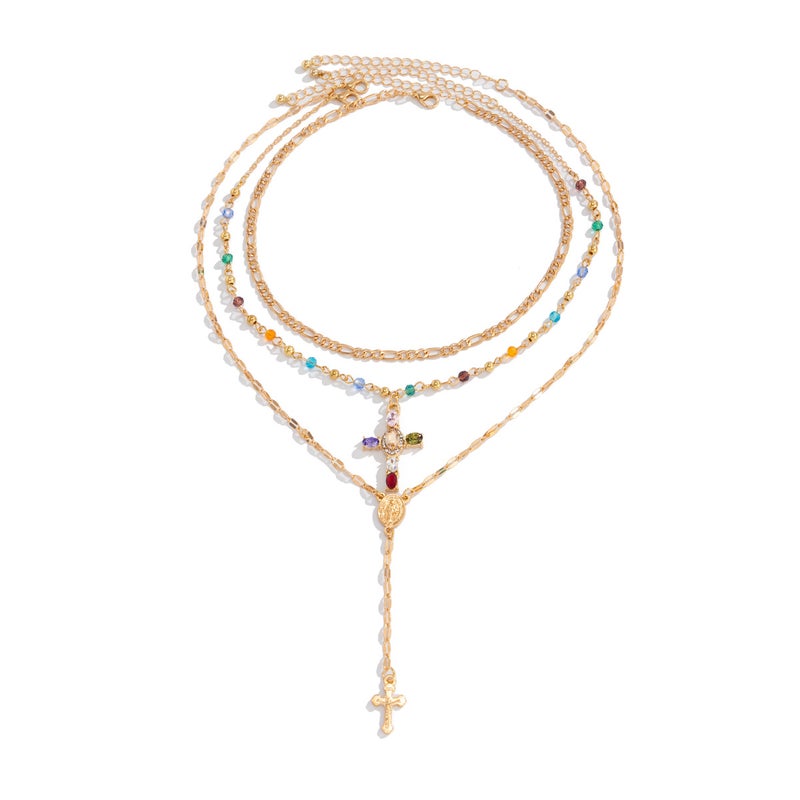 SHIXIN European and American Style Y-Shaped Tassel Necklace with Colorful Double-Layer Cross Pendant - Choker Jewelry for Women - Image 5