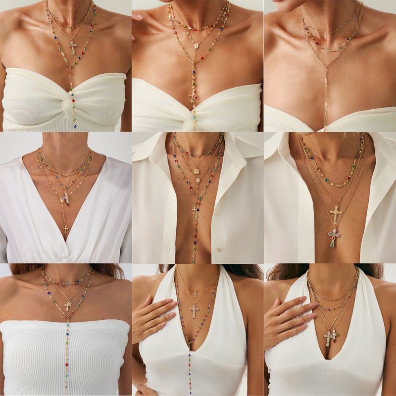 SHIXIN European and American Style Y-Shaped Tassel Necklace with Colorful Double-Layer Cross Pendant - Choker Jewelry for Women - Image 1