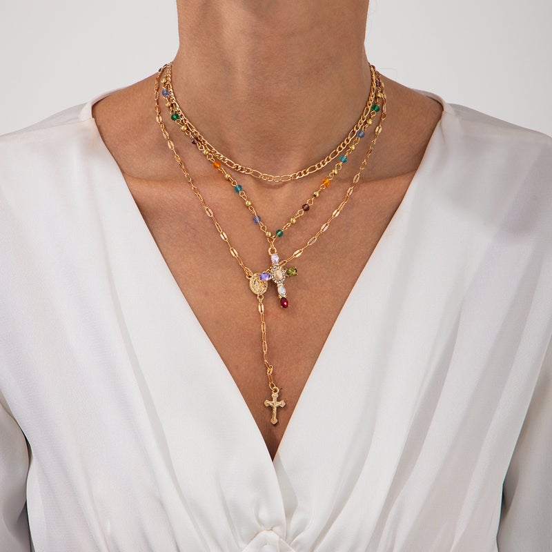 SHIXIN European and American Style Y-Shaped Tassel Necklace with Colorful Double-Layer Cross Pendant - Choker Jewelry for Women - Image 2
