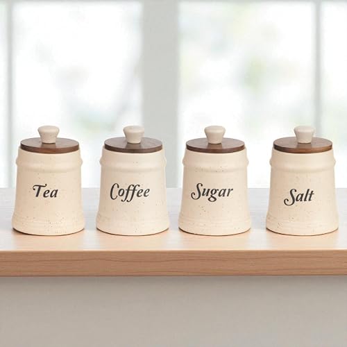 ClayStone Ceramic Salt Sugar Tea Coffee Containers for Kitchen - Airtight Storage Jars with Lids Set of 4 - Image 1