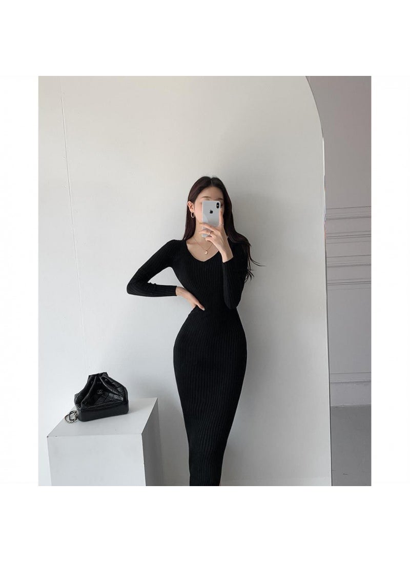 Generic Chic V-neck Knitted Slimming Dress Womens Autumn Winter Base Layer Skirt Slimming Versatile Long Dress Street Style Cotton Black (normal version) 