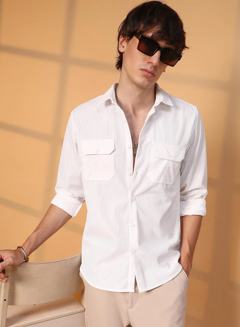 Campus Sutra Men's Chalk White Ribbed Utility Shirt