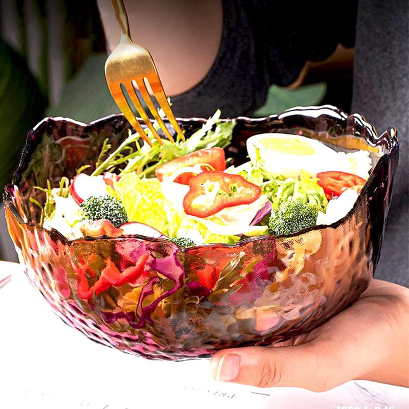 Halyuhn 50 OZ Wavy Glass Salad Bowl 8 Inch Decorative Glass Serving Container Large Purple Clear Glass Fruit Holder with 3 Wall Hammered Mixing Basin Irregular colored Candy Dish - Image 3