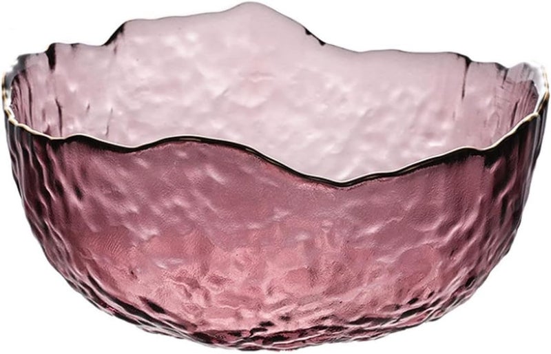 Halyuhn 50 OZ Wavy Glass Salad Bowl 8 Inch Decorative Glass Serving Container Large Purple Clear Glass Fruit Holder with 3 Wall Hammered Mixing Basin Irregular colored Candy Dish - Image 1
