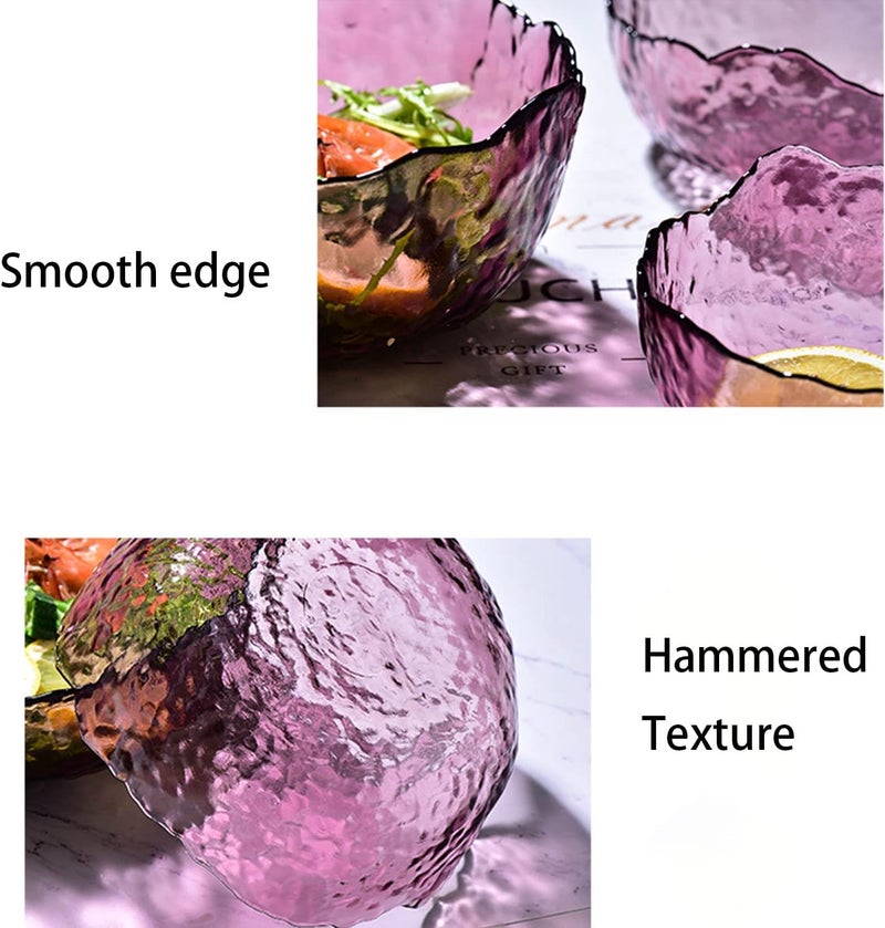 Halyuhn 50 OZ Wavy Glass Salad Bowl 8 Inch Decorative Glass Serving Container Large Purple Clear Glass Fruit Holder with 3 Wall Hammered Mixing Basin Irregular colored Candy Dish - Image 4