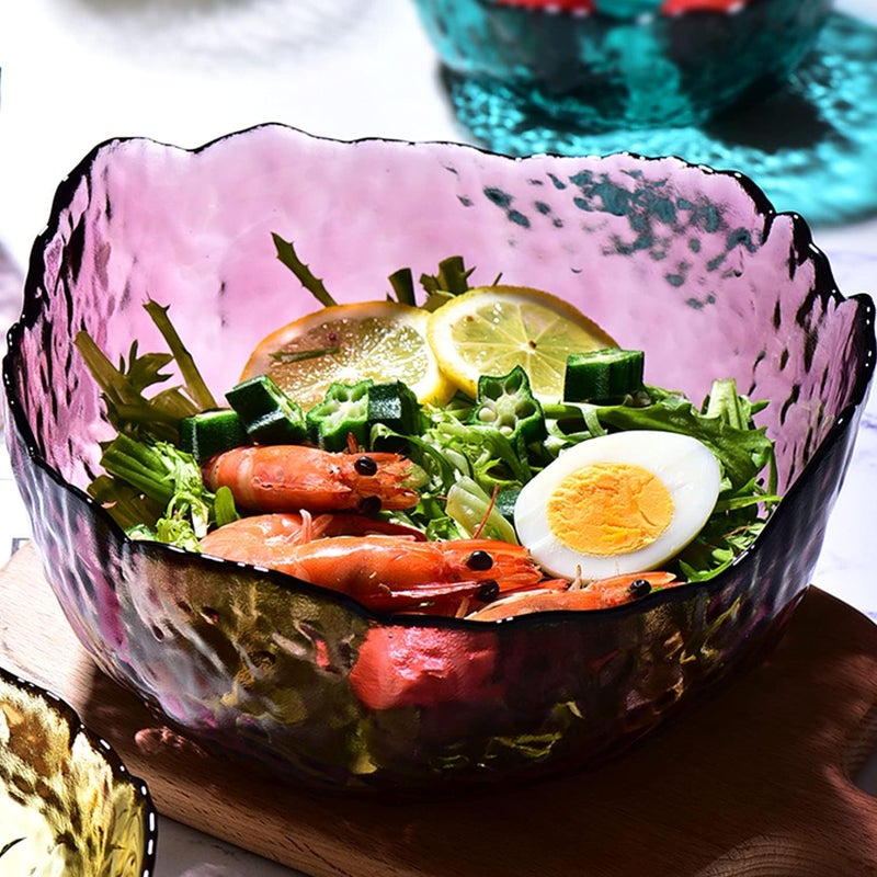 Halyuhn 50 OZ Wavy Glass Salad Bowl 8 Inch Decorative Glass Serving Container Large Purple Clear Glass Fruit Holder with 3 Wall Hammered Mixing Basin Irregular colored Candy Dish - Image 5