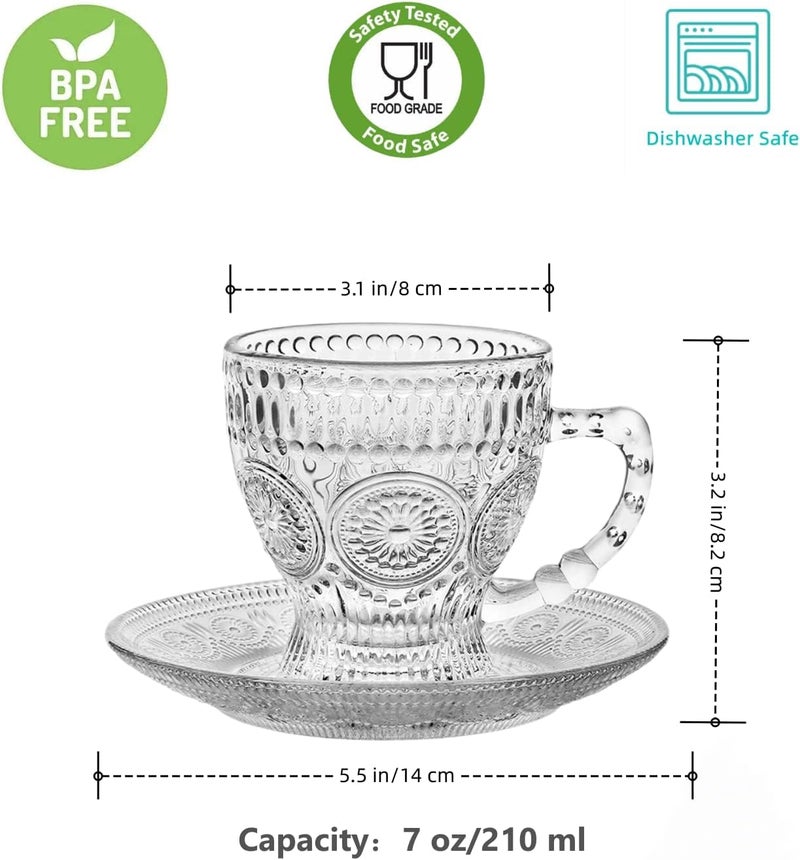 cosnou Vintage Glass Tea Cups with Saucers, Glass Mugs 7 Oz Set of 6 Espresso Coffee Embossed Glassware with Handle, for Cappuccino, Latte, Cereal, Yogurt, Beverage Hot/Cold, Milkâ€¦ - Image 2