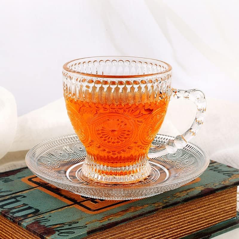 cosnou Vintage Glass Tea Cups with Saucers, Glass Mugs 7 Oz Set of 6 Espresso Coffee Embossed Glassware with Handle, for Cappuccino, Latte, Cereal, Yogurt, Beverage Hot/Cold, Milkâ€¦ - Image 3