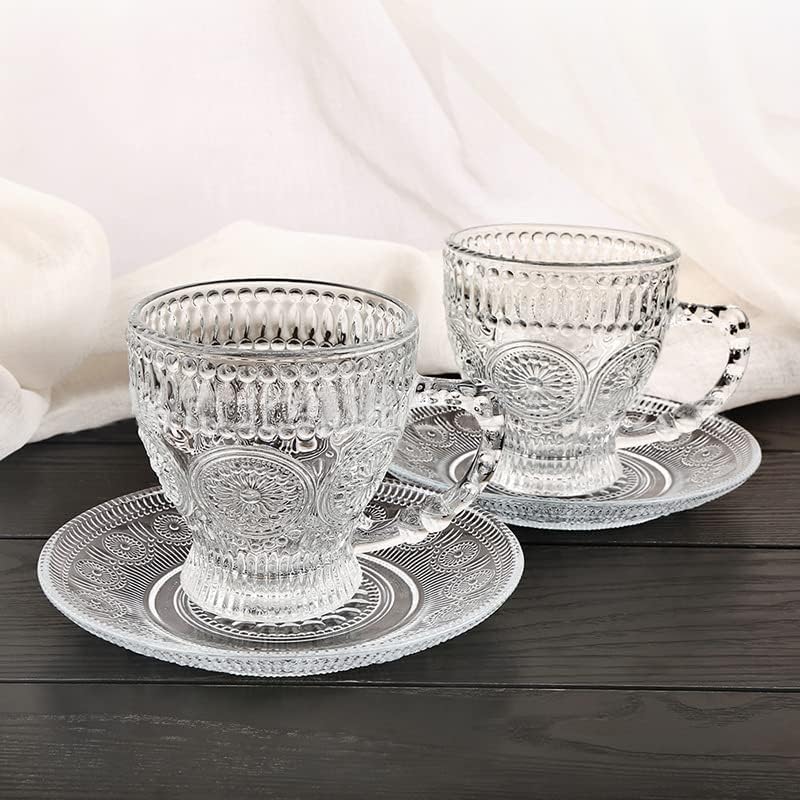 cosnou Vintage Glass Tea Cups with Saucers, Glass Mugs 7 Oz Set of 6 Espresso Coffee Embossed Glassware with Handle, for Cappuccino, Latte, Cereal, Yogurt, Beverage Hot/Cold, Milkâ€¦ - Image 4