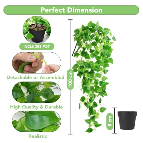 Ekhasa Nostrae Golden Pothos Hanging Artificial Plants with Pot (Set of 2) | Money Plant Artificial Hanging Plants for Decor | Falling Creepers Climbers Fake Vines with Hanging Pots (Devil's Ivy) - Image 4