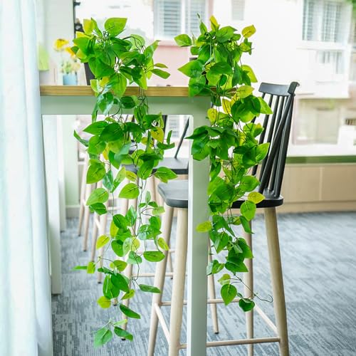 Ekhasa Nostrae Golden Pothos Hanging Artificial Plants with Pot (Set of 2) | Money Plant Artificial Hanging Plants for Decor | Falling Creepers Climbers Fake Vines with Hanging Pots (Devil's Ivy) - Image 2