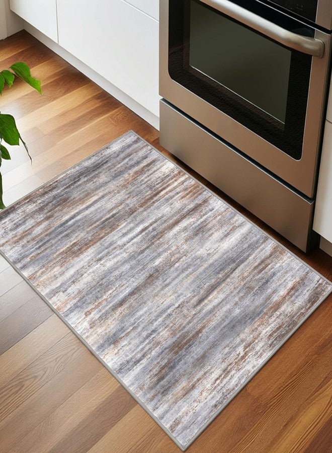 KOZYFLY Modern Abstract Small Area Rugs 2x3, Washable Kitchen Rug Non-Slip Soft Small Bathroom Rug, Grey Brown Striped Entryway Rugs Print Faux Wool Doormat for Bedside Entrance Bedroom Sink - Image 2