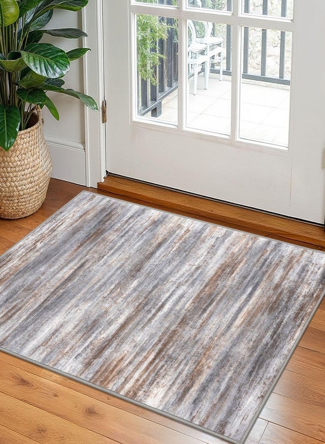 KOZYFLY Modern Abstract Small Area Rugs 2x3, Washable Kitchen Rug Non-Slip Soft Small Bathroom Rug, Grey Brown Striped Entryway Rugs Print Faux Wool Doormat for Bedside Entrance Bedroom Sink - Image 1