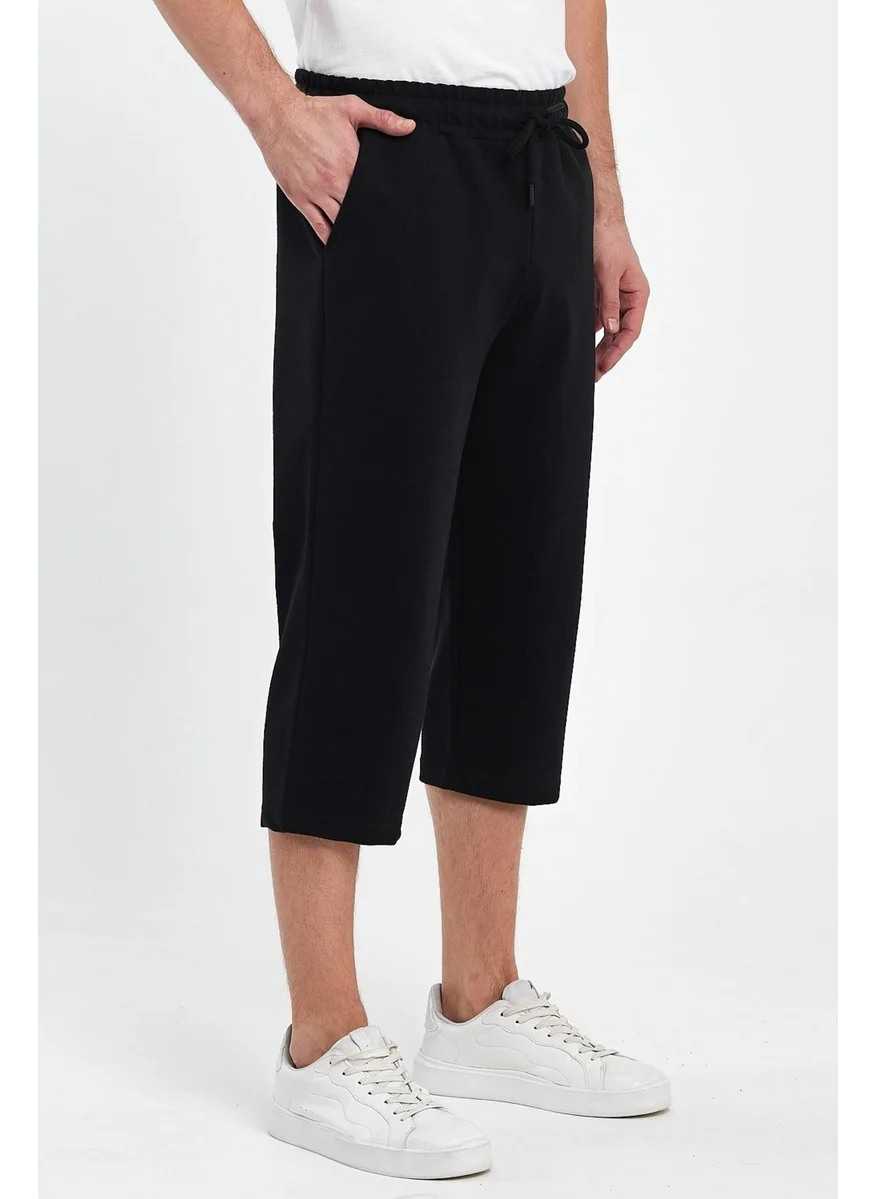 mmetalic Men's Side Pockets Black Bermuda Below Knee Capri Long Shorts with Adjustable Elastic Waist