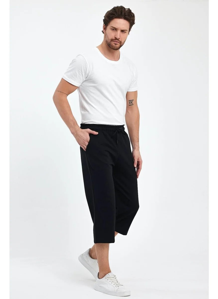 mmetalic Men's Side Pockets Black Bermuda Below Knee Capri Long Shorts with Adjustable Elastic Waist