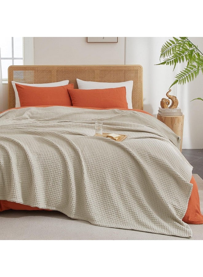PHF PHF Ultra Soft Waffle Weave Blanket King Size 104"x 90"- Washed Lightweight Breathable Cozy Woven Blanket for Bed - Aesthetic Decor for Couch Bedding Sofa Home Car - Light Khaki/Linen  - Image 4
