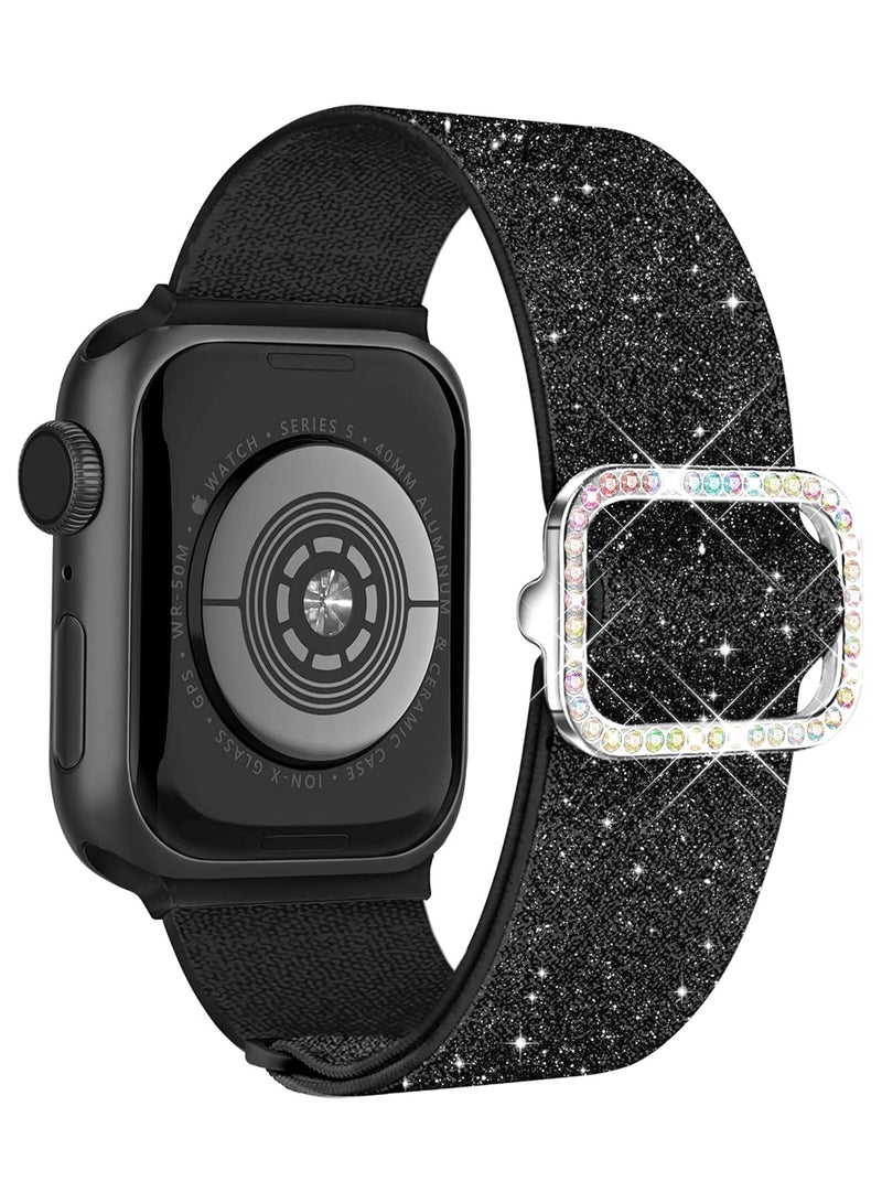 Bling Stretchy Nylon Band Compatible with Apple Watch Band 42mm 44mm 45mm 46mm 49mm for Women, Sparkly Elastic Solo Loop Bands for iWatch Series 10/9/8/7/6/5/Ultra/Ultra 2 (Black)  - Image 1
