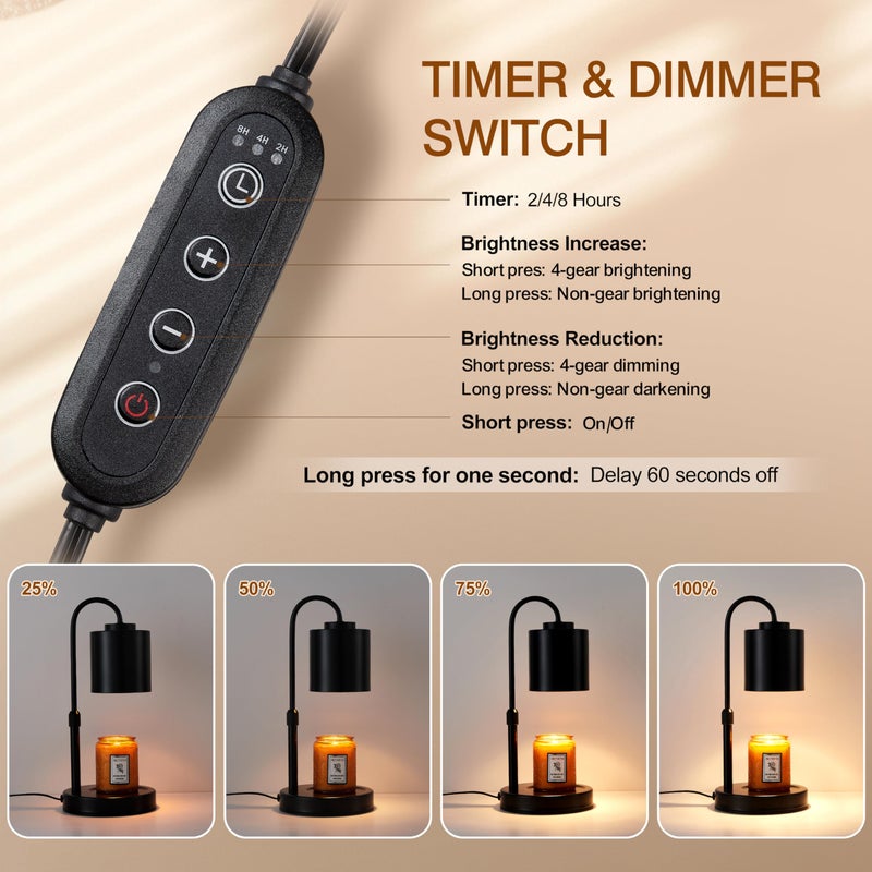CASTLELIFE Candle Warmer Lamp with Timer & Dimmer, Height Adjustable Electric Wax Melt Warmer for Jar Candles, Gifts for Mom Home Decor, Black - Image 3