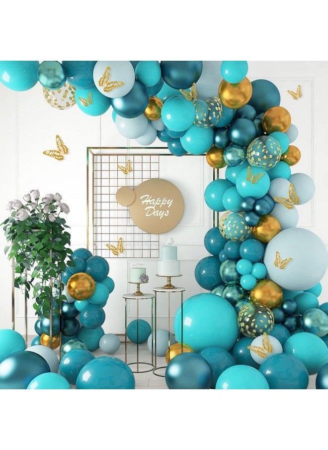 Amandir 168Pcs Dark Teal Balloons Garland Arch Kit For Birthday Wedding Bridal Baby Shower Communion Party Backdrop Decorations Doublestuffed Teal Blue Turquoise Metallic Balloons With Gold Butterfly  - Image 1
