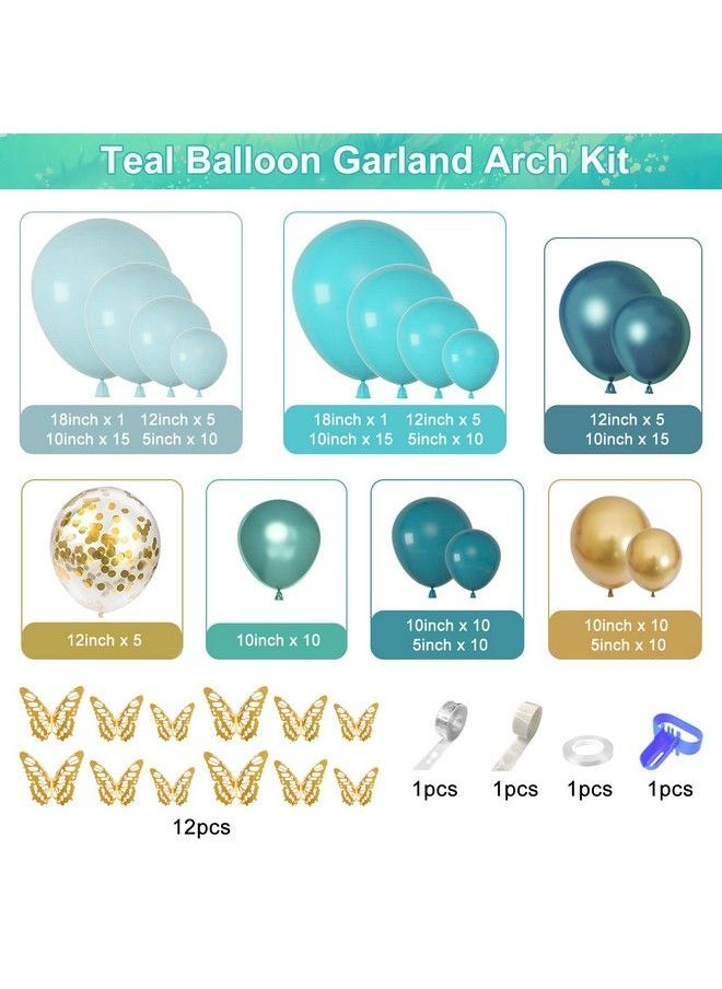 Amandir 168Pcs Dark Teal Balloons Garland Arch Kit For Birthday Wedding Bridal Baby Shower Communion Party Backdrop Decorations Doublestuffed Teal Blue Turquoise Metallic Balloons With Gold Butterfly  - Image 3